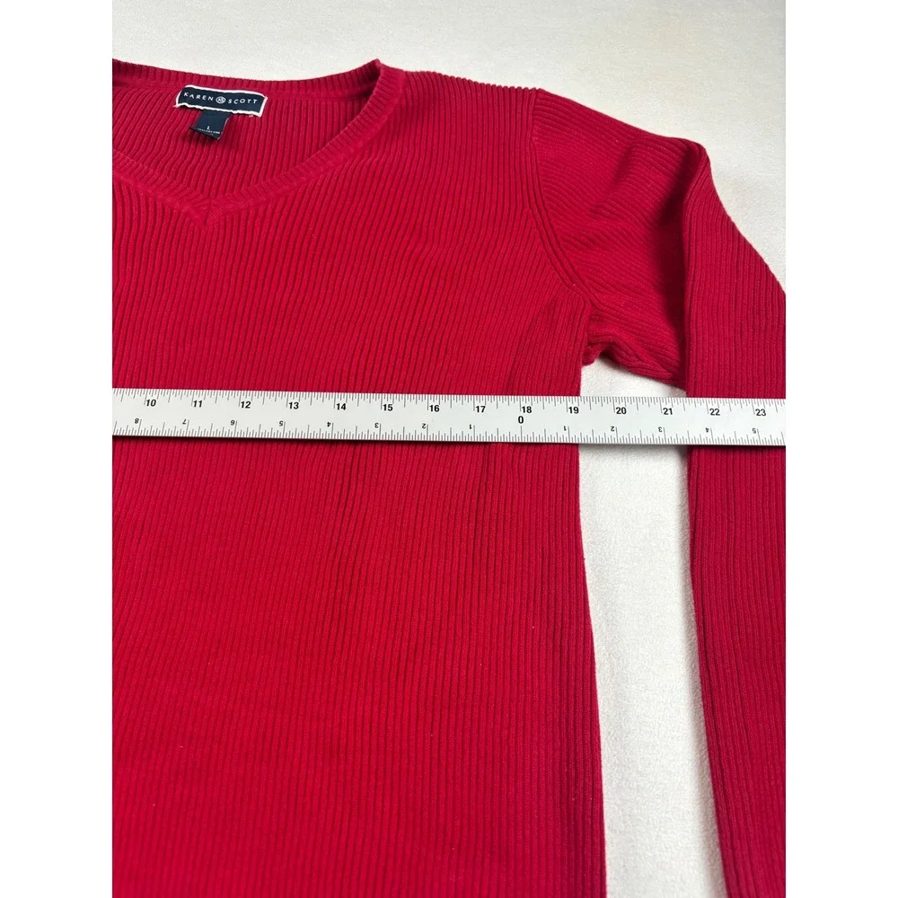 Karen Scott Womens Red Ribbed‎ V-Neck Cotton Sweater Large Long Sleeve Top